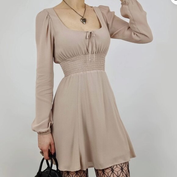 REFORMATION Square Neck Long Sleeve Smocked Waist Peasant Mini Dress size 10EU - Picture 1 of 9